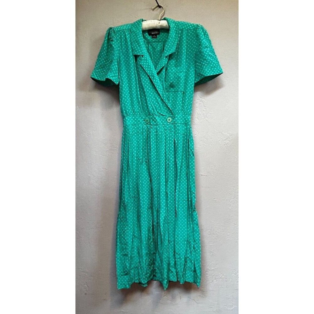 Nordstrom Point Of View Vintage Green Polka Dot Silk Pleated Faux Wrap Dress 8